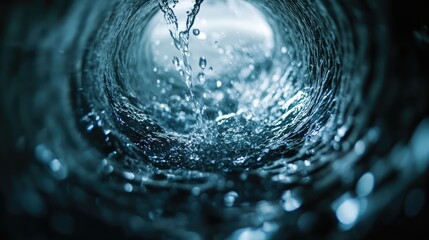 Poster - A close-up of water pouring out of a spiral pipe, with smooth, continuous flow and details of the water motion highlighted in high contrast.