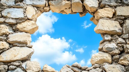 Poster - A cracked stone wall with jagged edges opening to a bright blue sky, illustrating the theme of breakthrough and resilience.