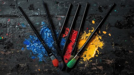 Poster - A creative flat lay setup of paintbrushes, vibrant acrylic paints, and a black wooden background, inviting inspiration to flow from the artist hands.