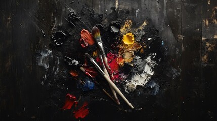 Poster - A creative flat lay setup of paintbrushes, vibrant acrylic paints, and a black wooden background, inviting inspiration to flow from the artist hands.