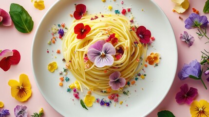 Poster - A delightful, colorful plate of spaghetti with vibrant edible flowers and decorative sprinkles, surrounded by fresh blossoms, perfect for a floral-inspired meal.