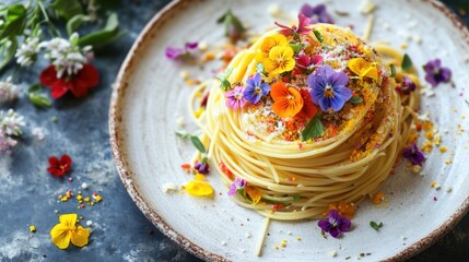 Poster - A delightful, colorful plate of spaghetti with vibrant edible flowers and decorative sprinkles, surrounded by fresh blossoms, perfect for a floral-inspired meal.