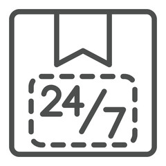 Poster - Parcel box with 24/7 line icon, postage delivery concept. Vector graphics. Cardboard box with seal sign on white background, outline style icon for mobile or web design.