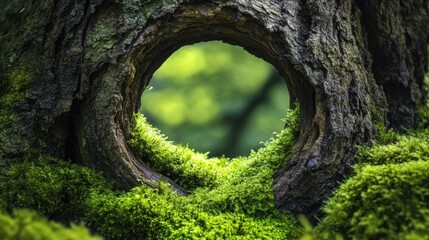 Poster - A detailed close-up of a tree trunk with a striking circular hole, framed by lush green moss, symbolizing the delicate balance of life and time in nature.