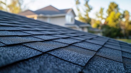 Poster - A detailed close-up shot of asphalt shingles on a roof, with the house in the background, focusing on the roofing and home exterior.