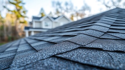Poster - A detailed close-up shot of asphalt shingles on a roof, with the house in the background, focusing on the roofing and home exterior.