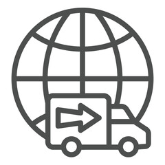 Poster - World globe with deliverer truck line icon, delivery concept. Vector graphics. Delivery vehicle transport sign on white background, outline style icon for mobile or web design.