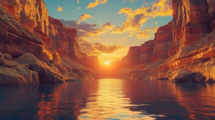 Poster - A dramatic canyon at sunset, with the golden light of the sun reflecting off the calm waters, framed by rugged, towering rocks.