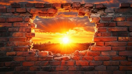 Aufkleber - A dramatic sunset explodes through a broken brick wall, casting vibrant hues of orange and red, symbolizing new beginnings and the power of hope.
