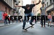 © Alex & M Studio - A skateboarder executing a daring trick on a city street, surrounded by pedestrians, with the bold text 'KEEP IT REAL' emphasizing authenticity and urban culture