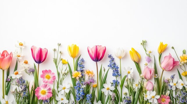 A flat design featuring a white background filled with spring flowers, designed for Mother's Day and Women's Day celebrations, with space for text.