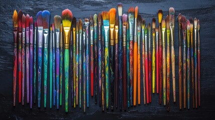 Poster - A flat lay of assorted paintbrushes and colorful acrylic paints, placed on a smooth black wooden background, ready for the next masterpiece.