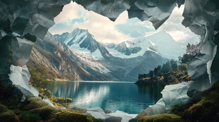 Poster - A glimpse of paradise: A stunning lake sits amidst snow-capped peaks and verdant greenery, revealed through a torn papery frame for an ethereal feel.
