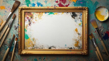Poster - A grunge-style gold frame with paint splatters, brushes, and a blank canvas, evoking an artistic and creative atmosphere