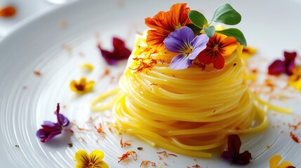 Poster - A luxurious plate of spaghetti elegantly stacked and adorned with saffron and colorful edible flowers, offering a refined and artistic dining experience.