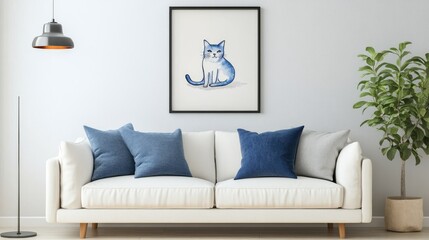 Poster - A minimalist living room with a cozy white sofa and blue throw pillows, highlighting a framed illustration of a blue cat on the wall.