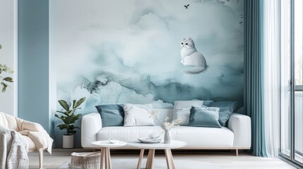 Poster - A modern living room featuring a white couch and soft blue details, complemented by a whimsical cat mural on the wall that adds a playful, cozy touch.