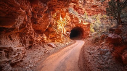 Aufkleber - A narrow road cuts through a red rock canyon, leading into a darkened tunnel, symbolizing the allure of the unknown and the journey ahead.