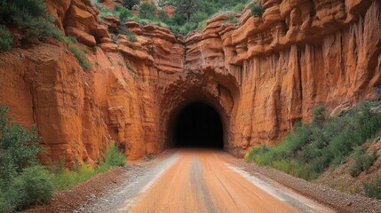 Aufkleber - A narrow road cuts through a red rock canyon, leading into a darkened tunnel, symbolizing the allure of the unknown and the journey ahead.