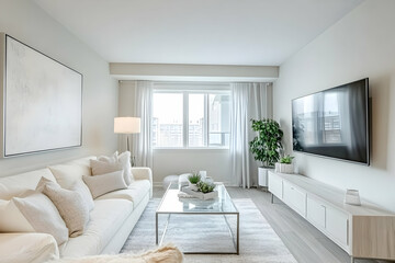Poster - Minimalist modern living room with white walls, a sofa, and a glass coffee table.