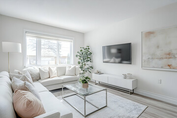 Poster - Minimalist modern living room with white walls, a sofa, and a glass coffee table.