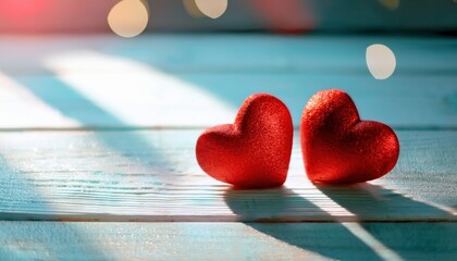 Poster - romantic red heart decor on wooden surface with soft sunlight and bokeh effect, symbolizing love, passion, and harmony

