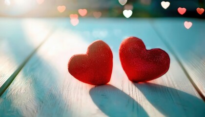 Poster - romantic red heart decor on wooden surface with soft sunlight and bokeh effect, symbolizing love, passion, and harmony

