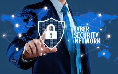 Poster - Protecting the Digital World: A sharp-dressed professional, symbolizing digital security, points towards a cyber security concept, guarding against potential cyber threats.