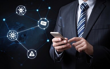Poster - Digital Alert: A sharp-dressed businessman engaged with a smartphone, overlaid with a network of digital threat icons, highlighting the complexities of cybersecurity in the modern corporate sphere.