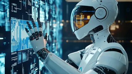 Poster - Human-like robot interacts with digital interface in high-tech laboratory during a demonstration of advanced technology