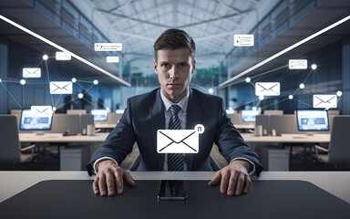 Poster - Digital Era Email Overload: A focused professional sits amidst a dynamic digital workspace.