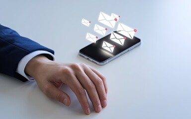 Poster - Digital Communication: A hand reaches toward a smartphone, from which envelopes float into the air, indicating digital messages.