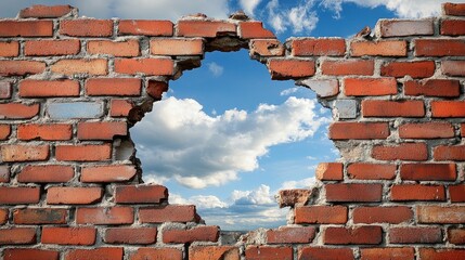 Aufkleber - A red brick wall with a hole punched through it, showcasing destruction or breakthrough, set against a dramatic sky background.