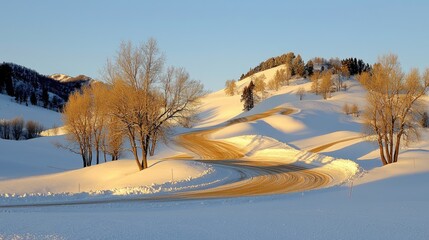 Wall Mural - rolling snow-covered hills illuminated by the golden glow of the setting winter sun.