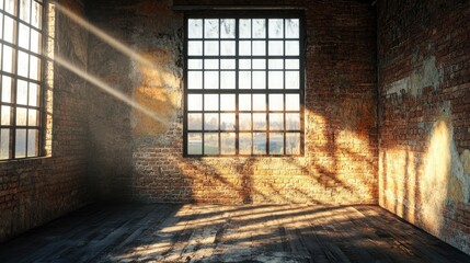 Poster - A room with grunge brick walls, sunlit through a large window, highlighting the contrast of decay and warmth in the interior.
