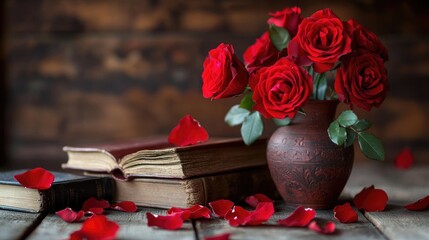 Poster - A rustic scene with red roses in a vase, old books, and rose petals scattered on a wooden surface, evoking romance and timeless beauty.
