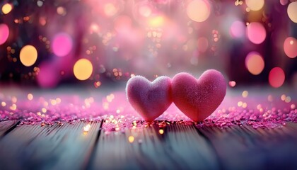 Poster - romantic pink hearts on wooden surface with bokeh lights, love symbol for valentine's day, wedding, anniversary, dreamy mood

