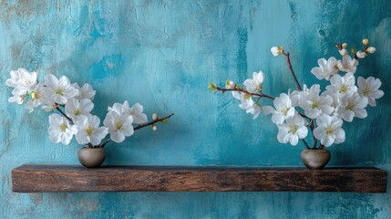 Poster - A serene arrangement of white blossoms resting on a wooden shelf, set against a rich, textured blue backdrop, evoking tranquility and elegance.