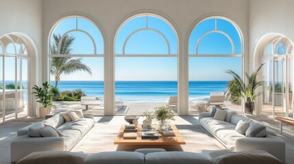 Aufkleber - A serene coastal living room with large arched windows offering a stunning ocean view, seamlessly blending luxury indoor design with the tranquility of nature. x
