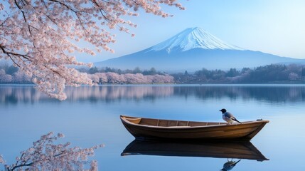 Poster - A serene image of a small bird perched in a wooden boat on a placid lake, with Mount Fuji and cherry blossoms in the distance.