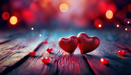 Poster - romantic glowing red hearts on rustic wooden surface with bokeh lights, perfect for valentine’s day and love themed designs


