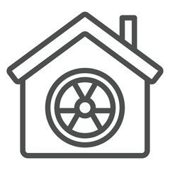 Poster - House with radiation seal line icon, atomic energy concept. Vector graphics. Cottage building and radioactivity danger sign on white background, outline style icon for mobile or web design.
