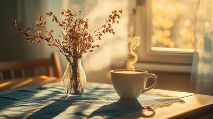 Poster - A serene morning coffee scene with a steaming cup of coffee on a table, bathed in soft sunlight, complemented by a vase of dried flowers, evoking a calm ambiance.