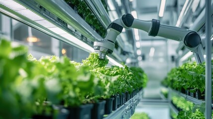 Aufkleber - A sleek, automated robot tends to crops in a modern hydroponic indoor farm, illustrating the efficiency of technology in sustainable agriculture.