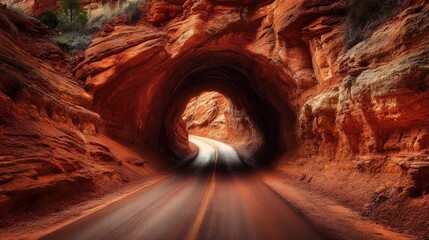 Poster - A solitary road winds through a dramatic red rock canyon, disappearing into a tunnel of darkness, hinting at mystery, adventure, and exploration.