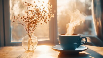 Poster - A steaming cup of coffee rests on a table bathed in warm sunlight, accompanied by a vase of dried flowers, creating a peaceful, cozy morning atmosphere.