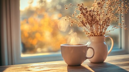 Poster - A steaming cup of coffee rests on a table bathed in warm sunlight, accompanied by a vase of dried flowers, creating a peaceful, cozy morning atmosphere.