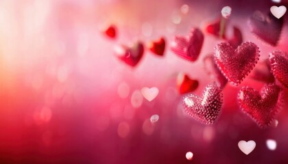 Poster - sparkling red and pink heart floating in dreamy bokeh background, romantic glitter texture, love celebration concept

