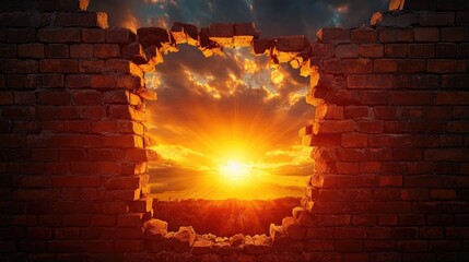Aufkleber - A stunning sunset shines through a cracked brick wall, filling the sky with fiery colors, symbolizing the strength to overcome hardship and embrace a brighter future.