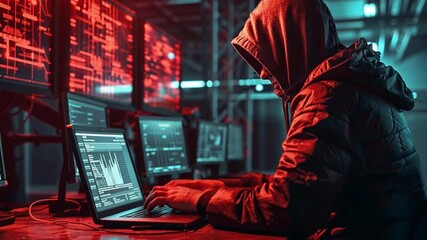 Poster - Cybersecurity breach with malware and firewalls highlighting data protection challenges in a darkened tech environment